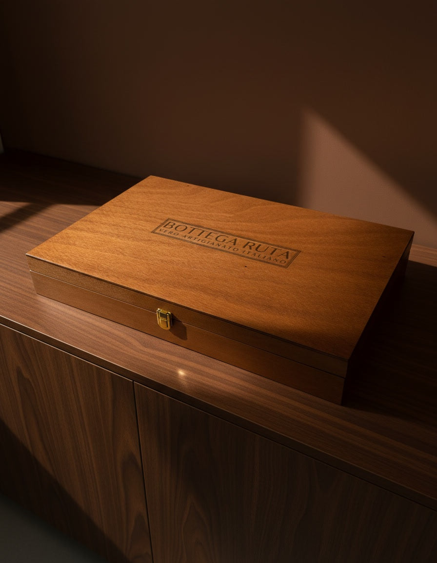 Closed wooden box engraved with the Bottega Ruta logo, on a walnut sideboard in warm evening light
