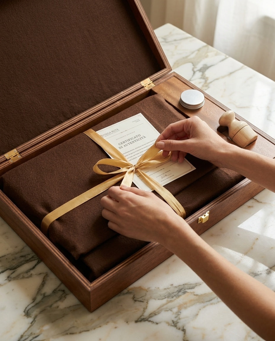 Open Bottega Ruta wooden box with the board wrapped in cloth, gold ribbon, certificate of authenticity and care kit