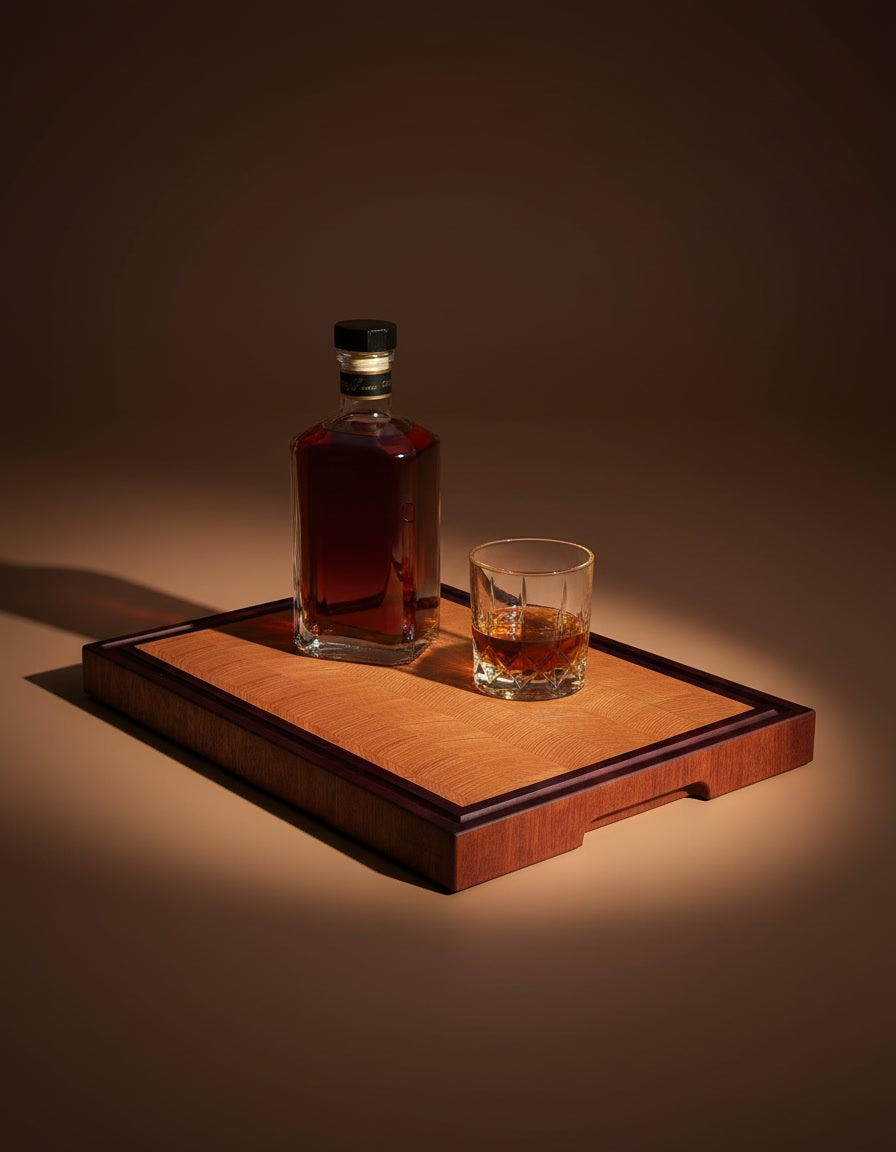 Cornice Beech end-grain board with mahogany frame, crystal decanter and whisky glass, under a soft spotlight