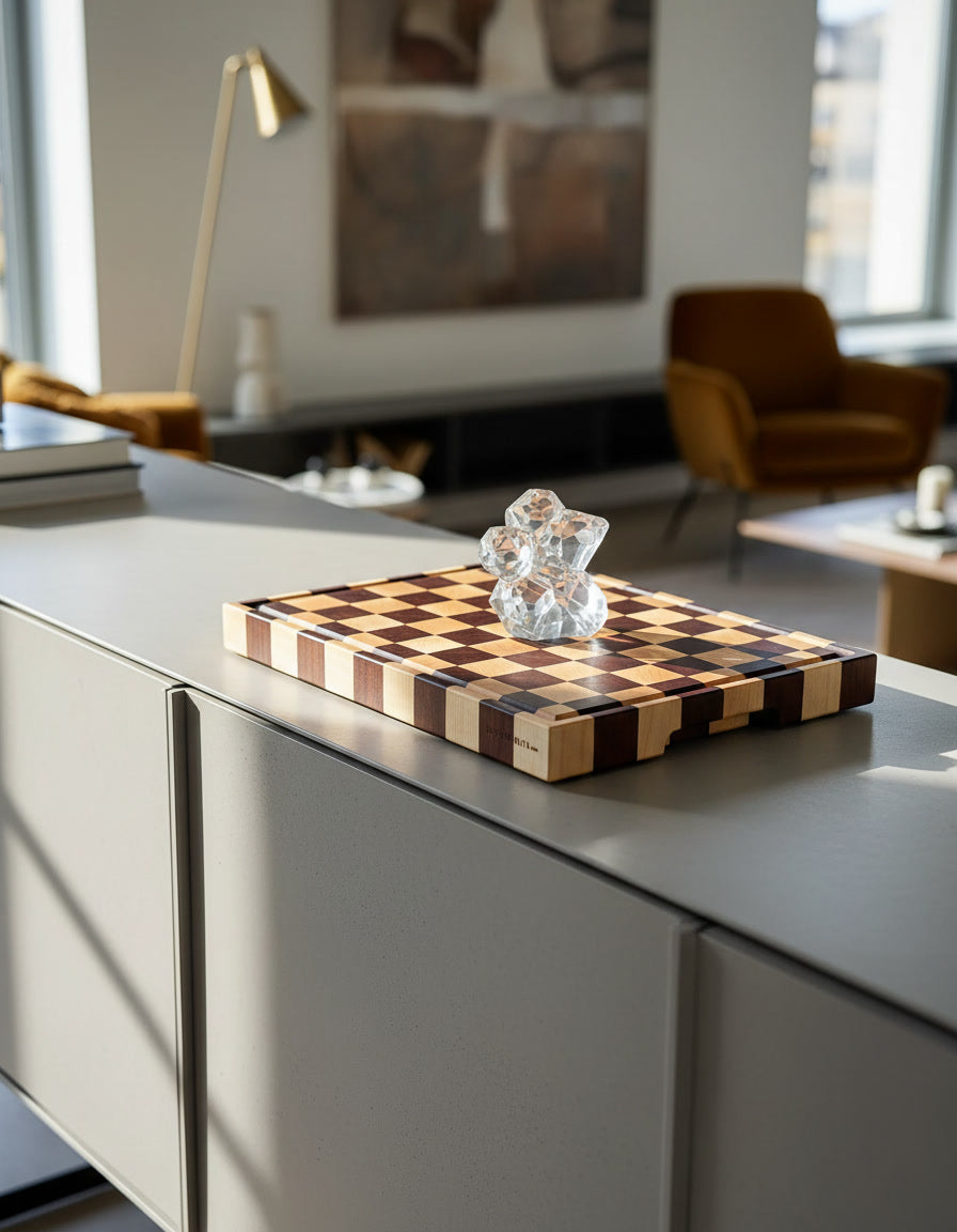 centro tavola di design in legno massello di mogano e acero