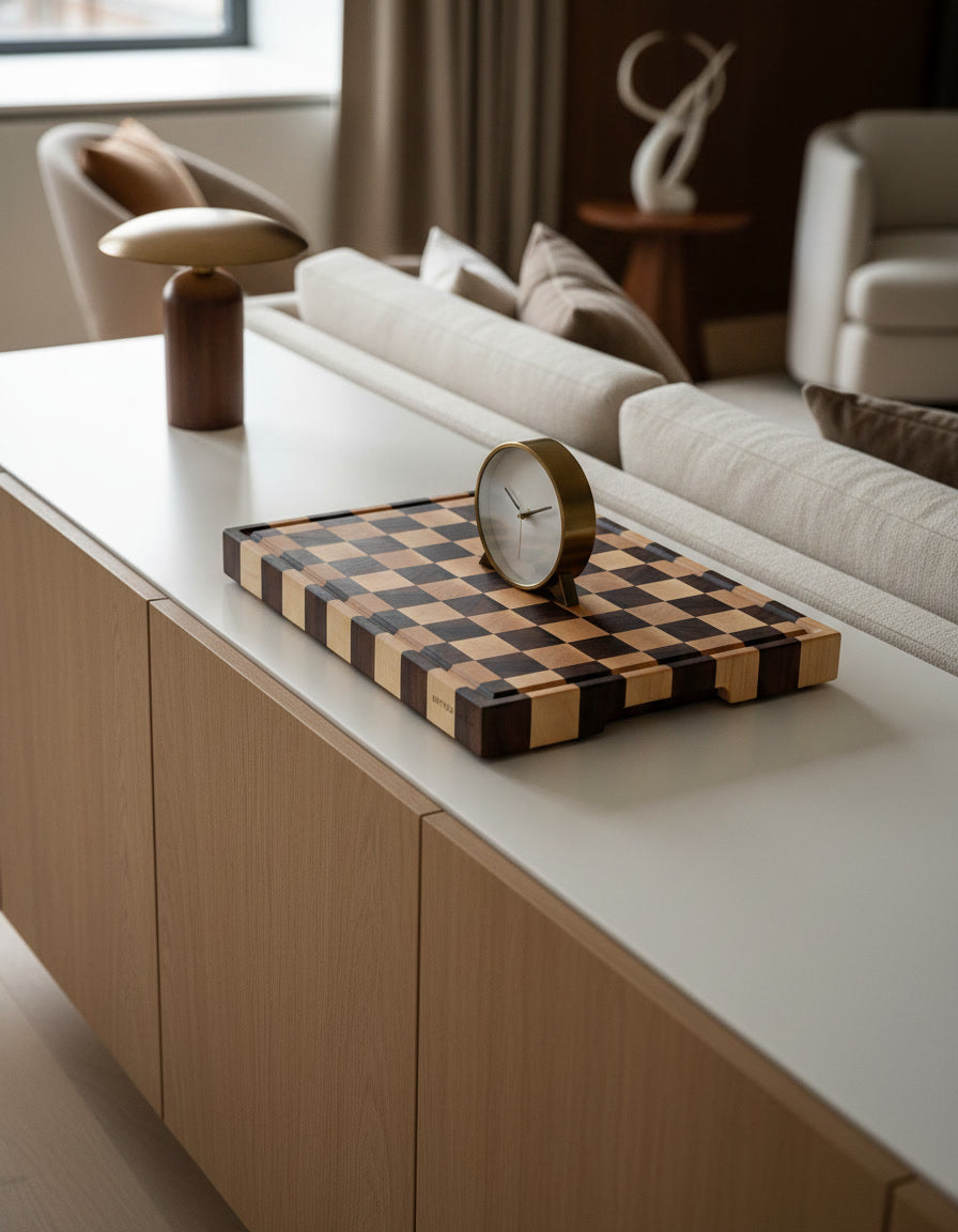 centro tavola di design in legno massello di noce americano e acero