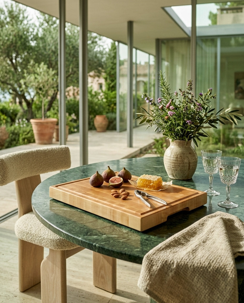 Tagliere end-grain in acero usato come vassoio da portata con fichi, mandorle e miele su tavolo in marmo verde