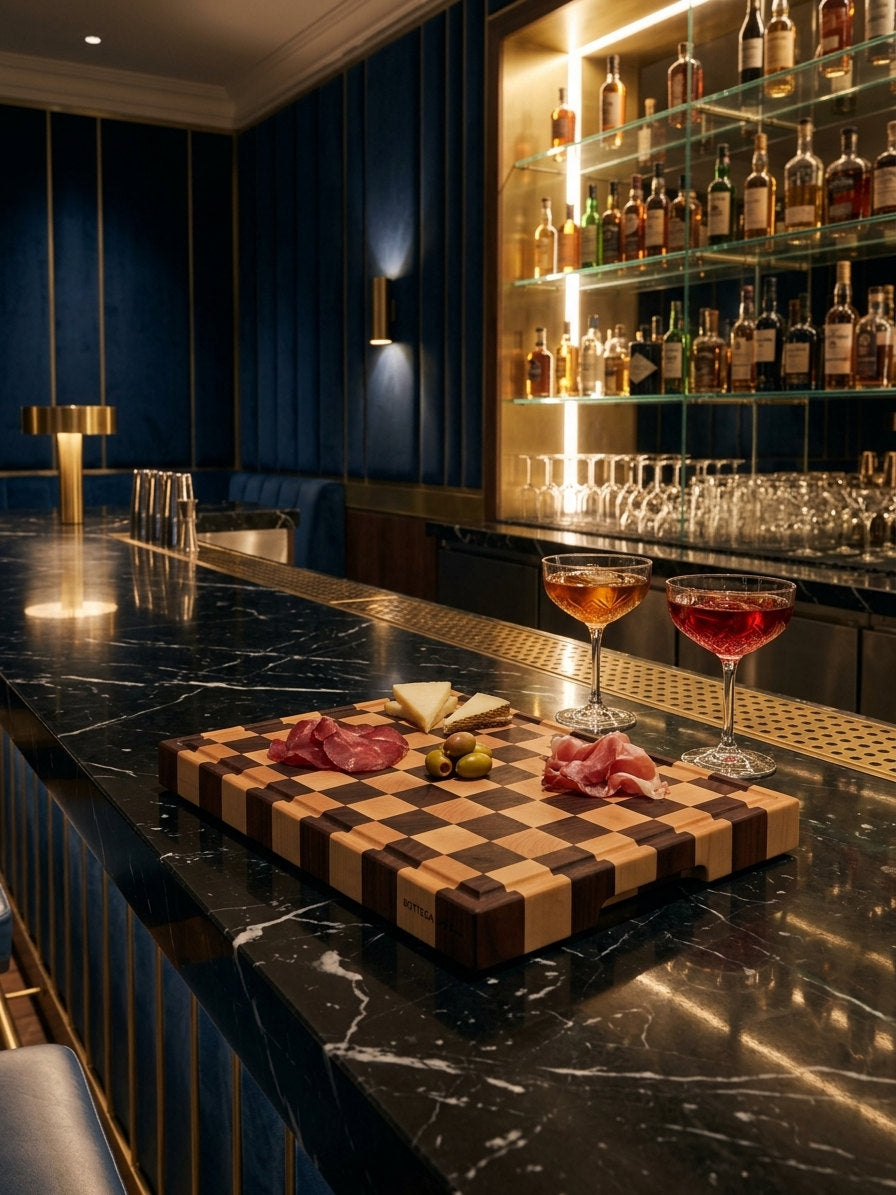 Tagliere end-grain Bottega Ruta in noce e acero come vassoio per l'aperitivo con salumi, formaggi e cocktail al bancone di un bar