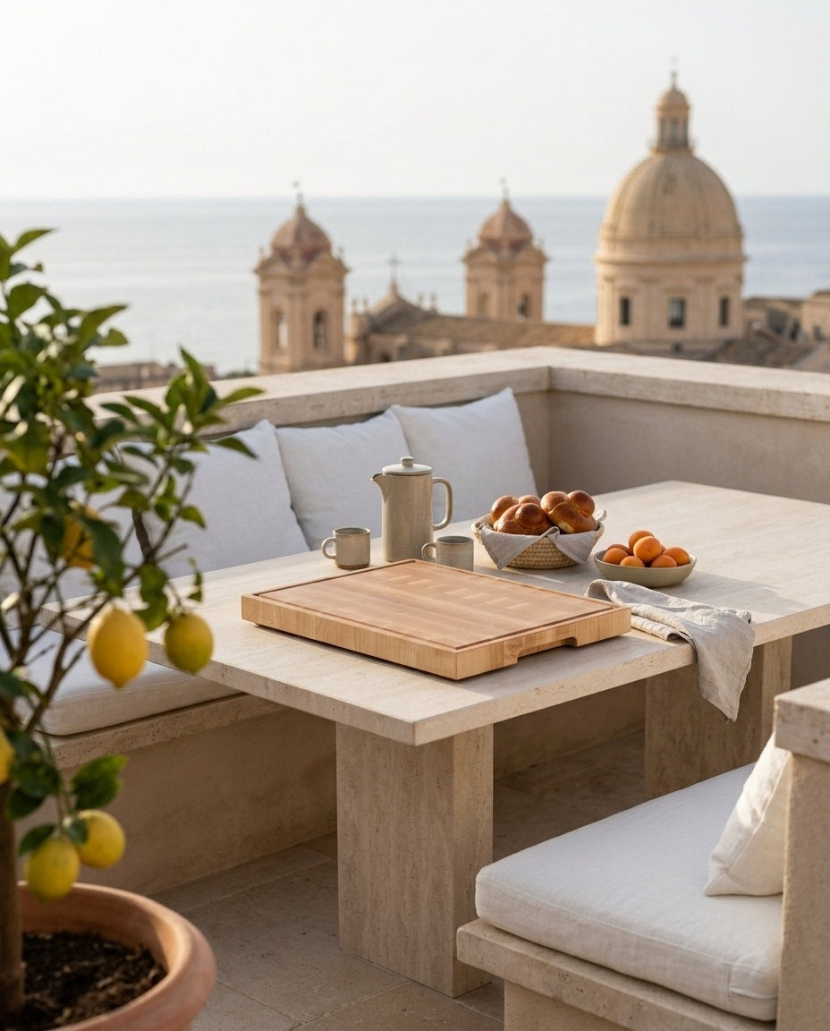 Tagliere end-grain in legno su tavolo in pietra per la colazione, in una terrazza siciliana con cupole barocche e mare