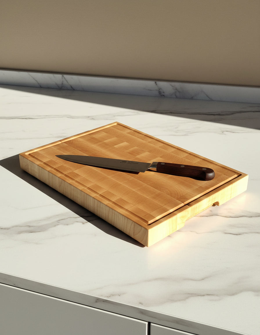 tagliere in legno professionale da cucina resistente end grain con canalina raccogli liquidi