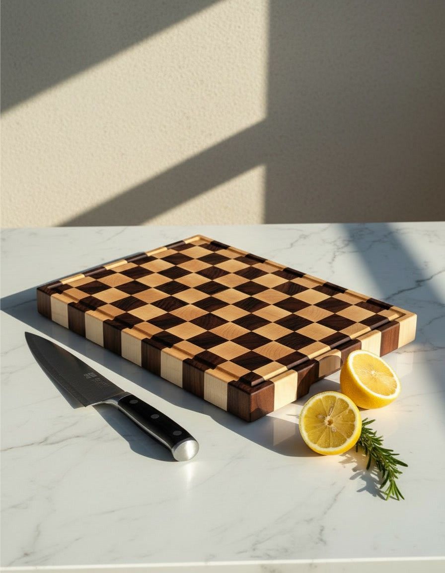 tagliere in legno a scacchi professionale da cucina resistente end grain con canalina raccogli liquidi