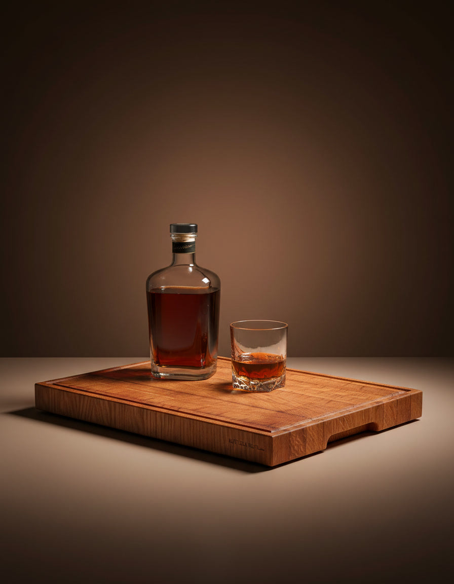 vassoio da portata di lusso artigianale in legno di rovere per vino e liquori